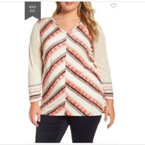 Nic+Zoe Firecracker Top Women's Plus 3X Linen Blend Chevron Stripes V Neck $148 - Picture 1 of 10